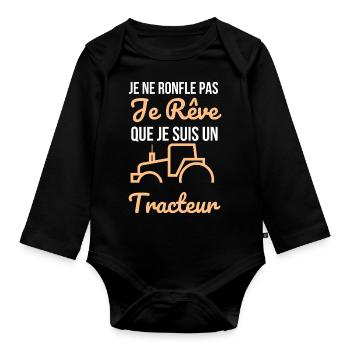 je ne ronfle pas je rêve que je suis un tracteur - Body Bébé bio manches longues - noir - Devant