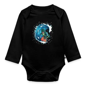 T-Rex loves surfing dinosaur sea waves - Organic Longsleeve Baby Bodysuit - black - Front