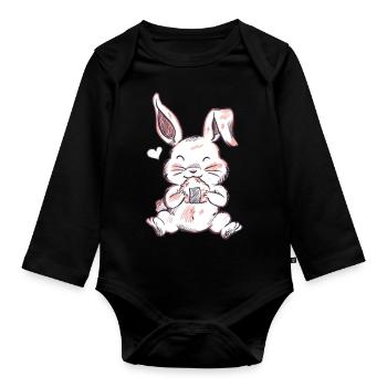 Niedlicher Süßer Hase isst japanische Onigiri - Baby Bio-Langarm-Body - Schwarz - Vorne