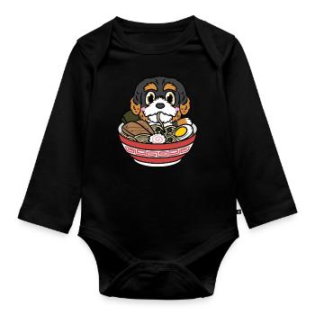 Bernedoodle eats ramen noodles Japanese food - Organic Longsleeve Baby Bodysuit - black - Front