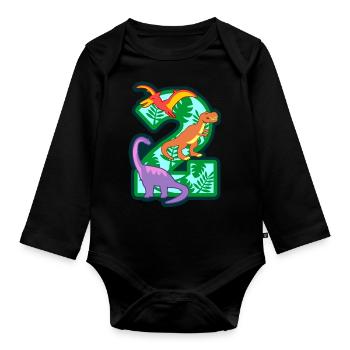 Dinosaurier 2. Geburtstagsparty Nummer 2 - 2 Jahre - Baby Bio-Langarm-Body - Schwarz - Vorne