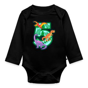 Dinosaurier 5. Geburtstagsparty Nummer 5 - 5 Jahre - Baby Bio-Langarm-Body - Schwarz - Vorne