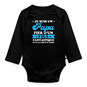 Je suis un papa fier d'un fils, Cadeau papa - Body Bébé bio manches longues - noir - Devant