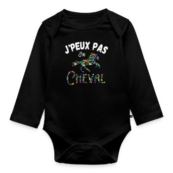 j'peux pas j'ai cheval - fleurs - Body Bébé bio manches longues - noir - Devant