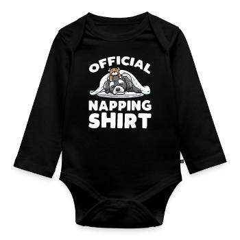 Schnoodle Hund Mit Kuscheltier Schlafen Schlummern - Baby Bio-Langarm-Body - Schwarz - Vorne