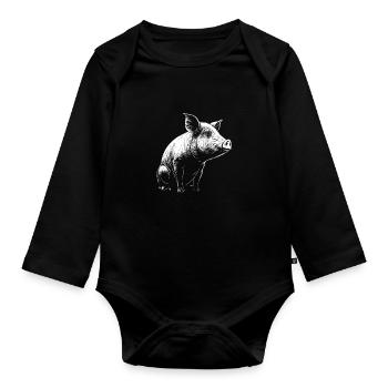 Pig Stencil White and Black - Organic Longsleeve Baby Bodysuit - black - Front