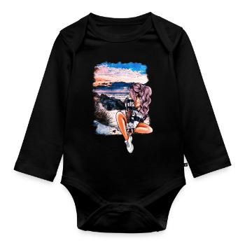 Mädchen am Strand Sommer Illustration - Baby Bio-Langarm-Body - Schwarz - Vorne