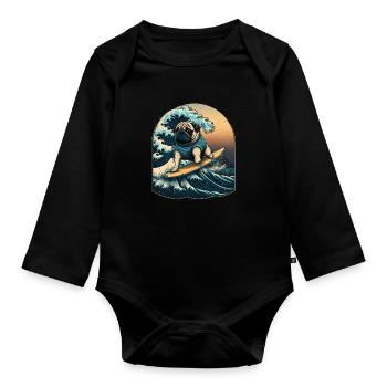 Pug Kanagawa Japanese Art - Organic Longsleeve Baby Bodysuit - black - Front