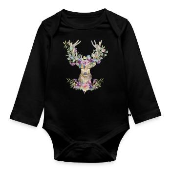 Hirsch T-Shirt Damen Trachtenshirt Hirschmotiv - Baby Bio-Langarm-Body - Schwarz - Vorne