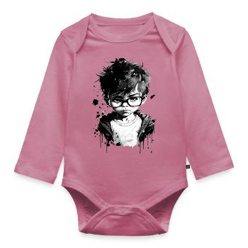 Boy with glasses at school one. - Organic Longsleeve Baby Bodysuit - mauve - Front