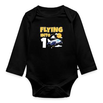 Flying Into 1 pilote d'avion 1 an 1er anniversaire - Body Bébé bio manches longues - noir - Devant