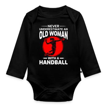 Old Woman Handball Player Handballer Mom Grandma - Organic Longsleeve Baby Bodysuit - black - Front