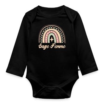 Cadeau Sage Femme. Boho Rainbow sage femme. - Body Bébé bio manches longues - noir - Devant