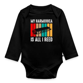 Harmonica player, Harmonica music - Organic Longsleeve Baby Bodysuit - black - Front