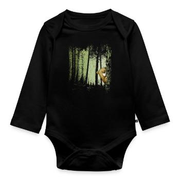 Funny comic bear hidden in the forest - Organic Longsleeve Baby Bodysuit - black - Front