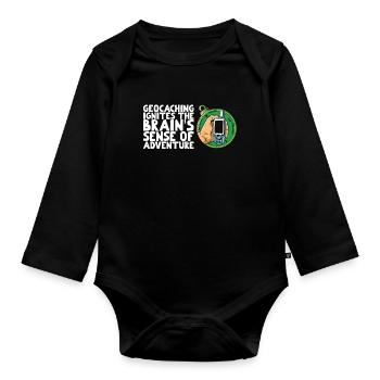 Geocaching awakens the brain's thirst for adventure - Organic Longsleeve Baby Bodysuit - black - Front