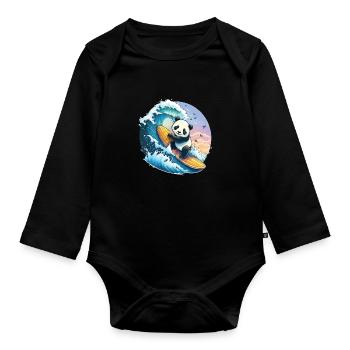 Panda ours surfant sur la grosse vague - Body Bébé bio manches longues - noir - Devant