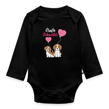 Große Schwester 2023 Hund Ballon Herz - Baby Bio-Langarm-Body - Schwarz - Vorne