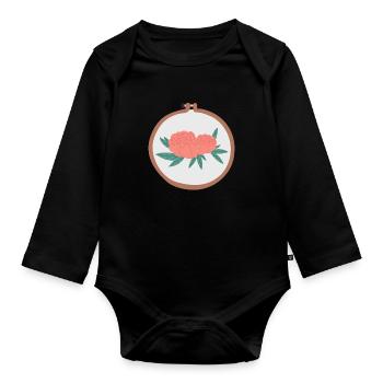 Sticken Stickrahmen Blumen Flowers Stickerin Motiv - Baby Bio-Langarm-Body - Schwarz - Vorne