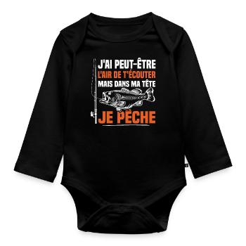 Dans ma tête je pêche / Pêcheur humour - Body Bébé bio manches longues - noir - Devant