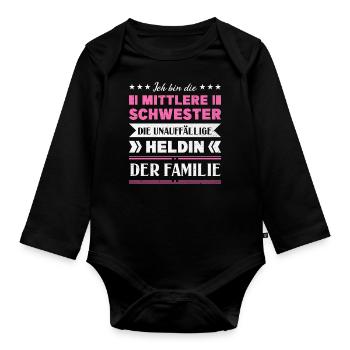 Mittelkind Sandwichkind Mittlere Schwester - Baby Bio-Langarm-Body - Schwarz - Vorne