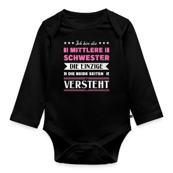 Mittelkind Sandwichkind Mittlere Schwester - Baby Bio-Langarm-Body - Schwarz - Vorne