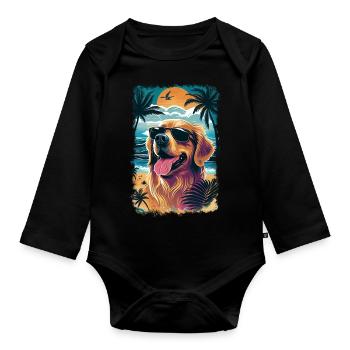 Golden retriever with sunglasses on the beach - Organic Longsleeve Baby Bodysuit - black - Front