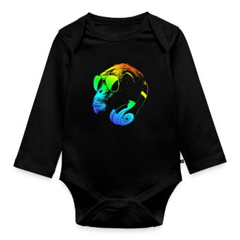 Monkey avec écouteurs DJ et lunettes de soleil - Body Bébé bio manches longues - noir - Devant