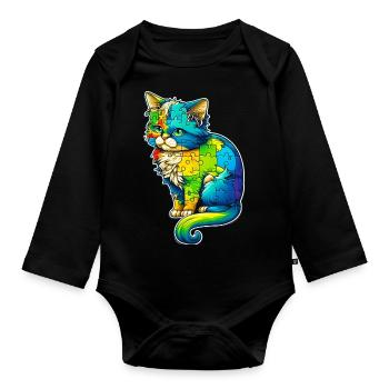 Soutien sensibilisation à l'autisme chat coloré - Body Bébé bio manches longues - noir - Devant