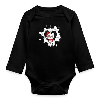 Cat with Christmas hat looks out of torn - Organic Longsleeve Baby Bodysuit - black - Front