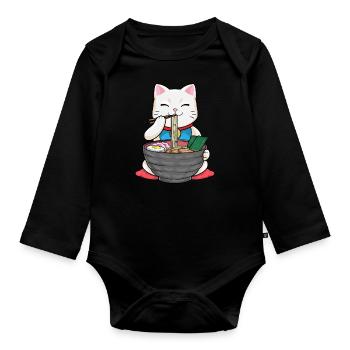 Winkende Katze Ramen Japan Nudelsuppe - Baby Bio-Langarm-Body - Schwarz - Vorne