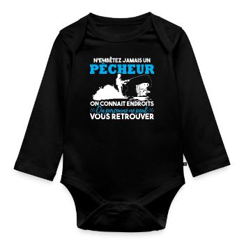 N'embête jamais un pêcheur / Humour pêcheur cadeau - Body Bébé bio manches longues - noir - Devant
