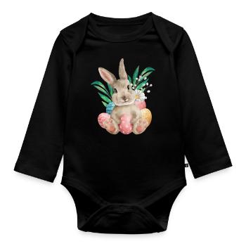 Aquarelle lapins de Pâques et œufs - Body Bébé bio manches longues - noir - Devant