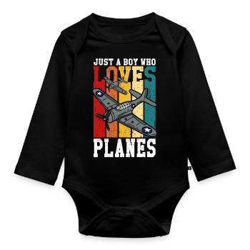 Nur ein Junge, der Flugzeuge liebt - Leidenschaft - Baby Bio-Langarm-Body - Schwarz - Vorne