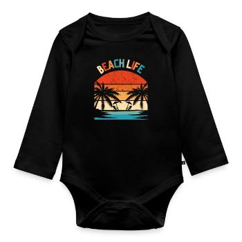 Beach Life Retro Coucher de soleil - Body Bébé bio manches longues - noir - Devant