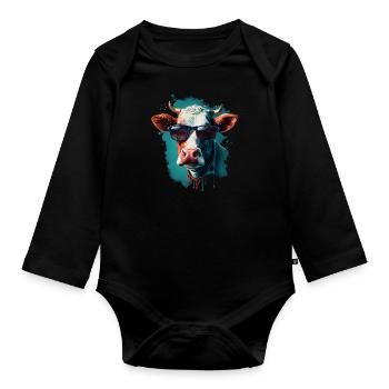 Une vache avec des lunettes de soleil - Body Bébé bio manches longues - noir - Devant