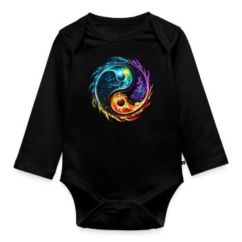 Yin Yang Symbol, Elemente, Tao, Chi, Spiritualität - Baby Bio-Langarm-Body - Schwarz - Vorne