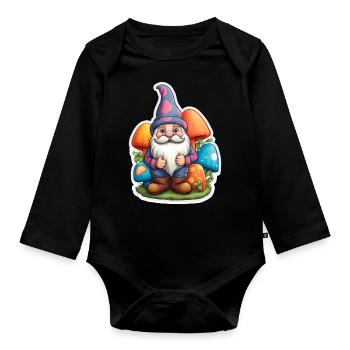 Dwarf surrounded by mushrooms - Organic Longsleeve Baby Bodysuit - black - Front