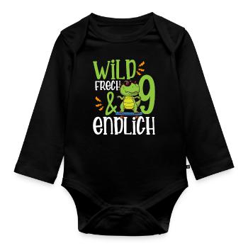 Wild Frech & endlich 9 neunter Geburtstag - Baby Bio-Langarm-Body - Schwarz - Vorne