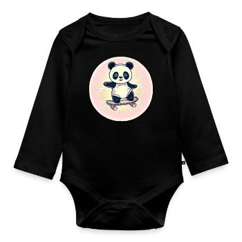 Skateboard panda in sunset - Organic Longsleeve Baby Bodysuit - black - Front