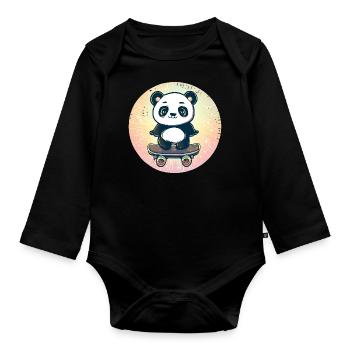 Skateboard panda in sunset - Organic Longsleeve Baby Bodysuit - black - Front