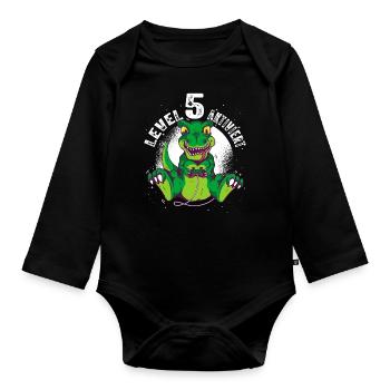 Level 5 Jahre alt, 5. Geburtstag Gamer Dino T-Rex - Baby Bio-Langarm-Body - Schwarz - Vorne