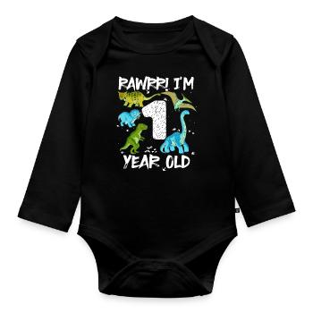 A 1 year 1st birthday 1 year old, dinosaur - Organic Longsleeve Baby Bodysuit - black - Front