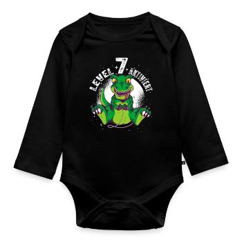 Level 7 Jahre alt, 7. Geburtstag Gamer Dino T-Rex - Baby Bio-Langarm-Body - Schwarz - Vorne