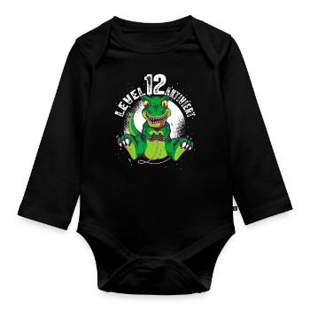 Level 12 Jahre, 12. Geburtstag Gamer Dino T-Rex - Baby Bio-Langarm-Body - Schwarz - Vorne