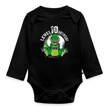 Level 10 Jahre, 10. Geburtstag Gamer Dino T-Rex - Baby Bio-Langarm-Body - Schwarz - Vorne