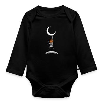 Kürbis Skelett auf Mond Schaukel Halloween Kostüm - Baby Bio-Langarm-Body - Schwarz - Vorne