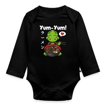 Anime Japonais Tortue Ramen Nouilles Kawaii - Body Bébé bio manches longues - noir - Devant