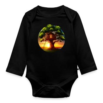 Cabane dans les arbres au coucher du soleil - Body Bébé bio manches longues - noir - Devant