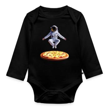 Astronaute planant au-dessus d’une pizza - Body Bébé bio manches longues - noir - Devant